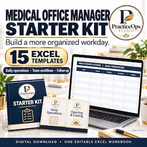 Startpaket för chefer inom medicinsk kontorsadministration | 15 redigerbara Excel-mallar | Spårare, checklistor och standardrutiner för praktikhantering