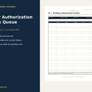 May include: A digital document template titled Prior Authorization Work Queue and Pending Authorization Tracker. The layout features a dark blue sidebar with white text and a white page with a grid table for tracking case IDs and dates.