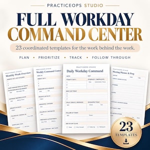 May include: A digital collection of 23 printable templates titled Full Workday Command Center. The set includes layouts for Monthly Work Overview, Weekly Command Center, Daily Workday Command, and Meeting Planner & Prep with sections to plan and track.