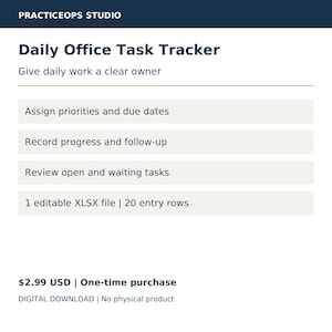 Daglig Office-uppgiftsspårare i Excel-mall: Teamuppgifter, prioriteringar och uppföljningslogg