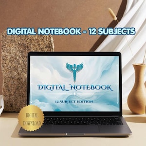 Op de afbeelding: Een laptop met een digitaal notitieboek voor 12 onderwerpen op het scherm. Het scherm toont een blauw-witte marmeren achtergrond met een gevleugeld embleem en de tekst Digital Notebook 12 Subject Edition. Een gouden zegel vermeldt Digital Download.