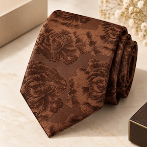Brun blommig jacquardslips för män, rosmönstrad slips, vintage slips för bröllop och brudgum, elegant formell herrslips, present till honom