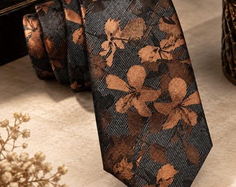 Black Brown Floral Tie, Vintage Jacquard Necktie, Men's Wedding Suit Tie