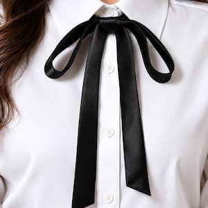 Può includere: Una camicia bianca abbottonata con colletto a punta e maniche lunghe. Un liscio nastro di raso nero è annodato a fiocco sullo scollo, con due estremità lunghe e piatte che ricadono sopra l'abbottonatura frontale della camicia.