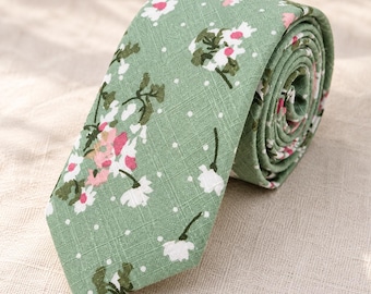 Sage Green Floral Necktie, Pink Cherry Blossom Tie, Men's Wedding Tie, Botanical Groom Tie, Garden Wedding Gift