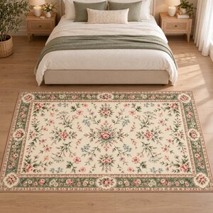 Vintage Floral Bedroom Rug with Pink Roses and Sage Green Border, Washable Rectangular Carpet for Romantic Cottagecore and Shabby Chic Decor