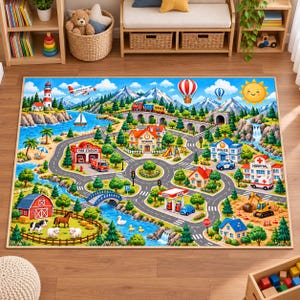 May include: A rectangular area rug featuring a colorful cartoon town map with roads, a school, a fire station, a hospital, a police station, a farm with animals, a river with a bridge, mountains, a lighthouse, and a smiling sun in the sky.