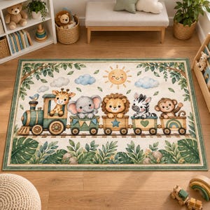 May include: A rectangular area rug featuring a watercolor illustration of a train with a giraffe, elephant, lion, zebra, and monkey in separate cars. The scene includes a smiling sun, blue clouds, and green foliage, all framed by a dark green border.
