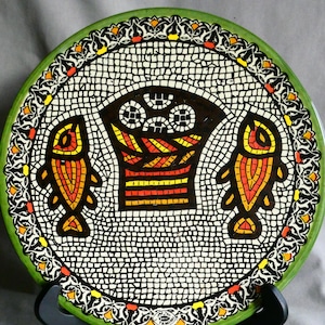 Vintage Tamimi Hebron Ceramic Plate - Hand Painted Tabgha Loaves and Fishes Mosaic Wall Hanging Holy Land Pottery