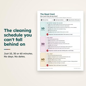 May include: A white cleaning schedule card titled The Reset Card with three sections for 10, 30, and 60 minutes. The text reads: The cleaning schedule you can't fall behind on. Just 10, 30 or 60 minutes. No days. No dates. It includes checklists.