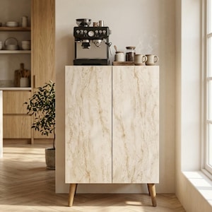 May include: A tall, rectangular storage cabinet with two doors featuring a light beige and cream faux marble pattern. The cabinet stands on four tapered wooden legs and supports a black espresso machine, two ceramic mugs, and glass jars.