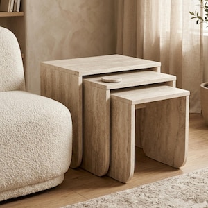 Set of 3 Nesting Tables | Scandinavian Ecru Side Tables | Minimalist Modern End Table | Rectangular Space Saving Living Room Furniture
