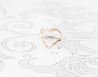Corazón de diamante de oro amarillo de 14 quilates con banda de plata esterlina