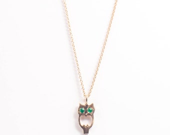 14K Yellow Gold Owl Necklace with Emerald Eyes