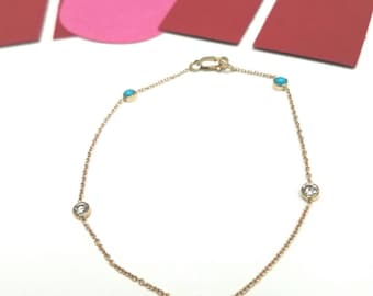 Diamante y turquesa 14k oro pulsera