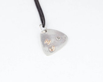 Sterling Silver Guitar Pick / Oxidized Silver Chain / 14K Yellow Gold Initials & Small Diamond