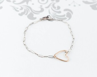 Hammered 14K Gold Heart / Oxidized Sterling Bracelet