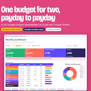 Puede incluir: Una hoja de cálculo de presupuesto digital para Excel y Google Sheets titulada UK Couples Budget Planner. El panel muestra datos financieros mensuales, incluyendo ingresos, gastos, ahorros y saldo, con un gráfico de sectores.