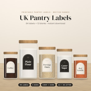 Etiquetas para despensa do Reino Unido para imprimir | 84 etiquetas para potes de cozinha + etiquetas em branco | Nomes britânicos | Arco minimalista | A4 PDF SVG PNG
