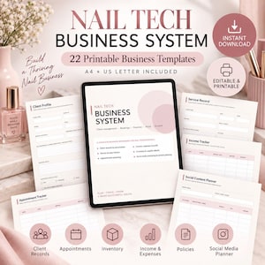 May include: A digital tablet displaying a Nail Tech Business System cover page, surrounded by various printable business templates including client profiles, service records, income trackers, and social content planners in a soft pink colour palette.