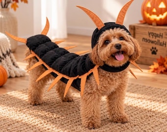 May include: A light brown dog wearing a black, quilted centipede costume with orange, pointed appendages along the back and sides, and a matching hood featuring two tall, orange antennae that extend upward from the top of the head.