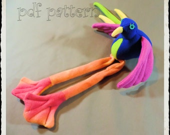 Tweeter Bird Soft animal E-PATTERN, Step-by-Step photo instructions, Downloadable e- Pattern and instructions for fleece bird of paradise