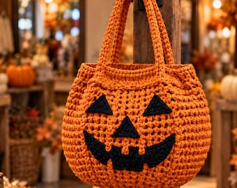 May include: A bright orange crocheted tote bag shaped like a pumpkin. The bag features two sturdy handles and a black crocheted jack-o'-lantern face with two triangular eyes, a triangular nose, and a wide, toothy grin stitched onto the front.