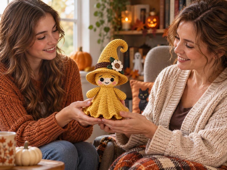 May include: A yellow crocheted doll wearing a pointed witch hat with a brown band and a white flower accent. The doll has a rounded head, small black eyes, pink cheeks, and a flared skirt base, all crafted with a textured yarn stitch pattern.