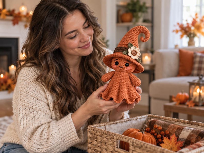 May include: A crocheted orange doll shaped like a ghost wearing a tall, pointed witch hat. The hat features a dark brown band, a small green leaf, and a cream-colored flower with a brown button center. The doll has black eyes and a small smile.