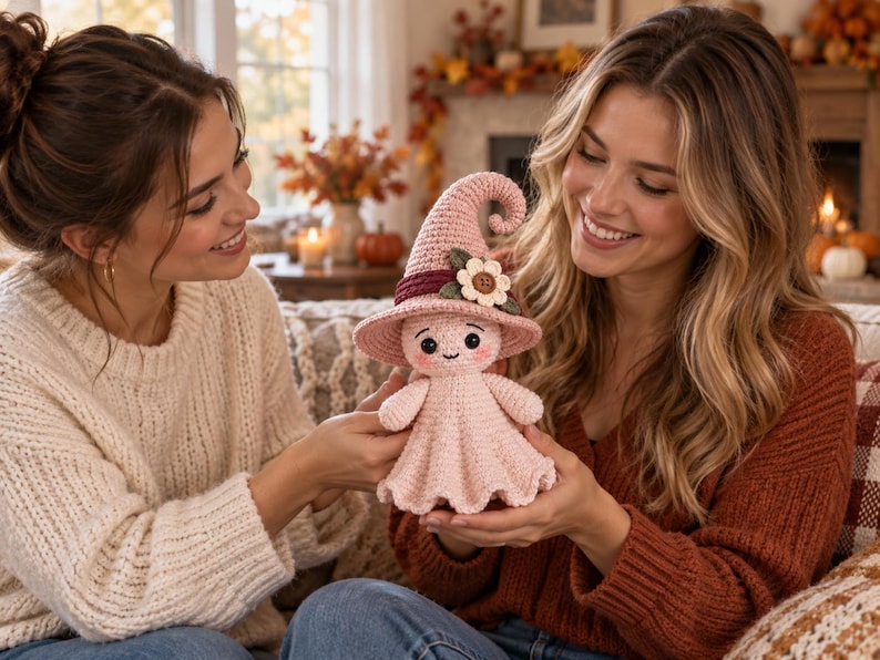 May include: A light pink crocheted ghost doll wearing a tall, pointed witch hat. The hat features a dark maroon band and a cream-colored flower with a brown center. The ghost has black embroidered eyes, a small smile, and rosy pink cheeks.