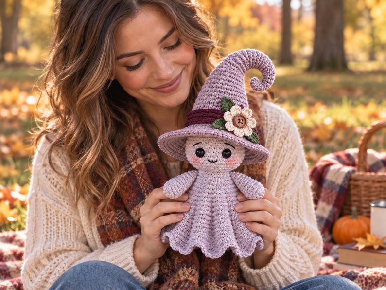 May include: A lavender crochet doll wearing a pointed witch hat with a dark purple band, a cream-colored flower with a brown button center, and green leaves. The doll has a round head, black eyes, a small stitched mouth, and pink cheeks.