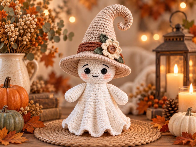 May include: A white crocheted ghost doll wearing a tall, tan, pointed hat with a brown band, a cream-colored flower, and green leaves. The ghost has black bead eyes, a small stitched mouth, and pink blush on its cheeks, standing on a round mat.