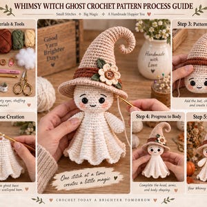 May include: A crochet pattern guide titled Whimsy Witch Ghost Crochet Pattern Process Guide, featuring five steps to create a ghost doll with a beige pointed hat, a brown band, a flower, and a scalloped hem, using yarn, hooks, and safety eyes.