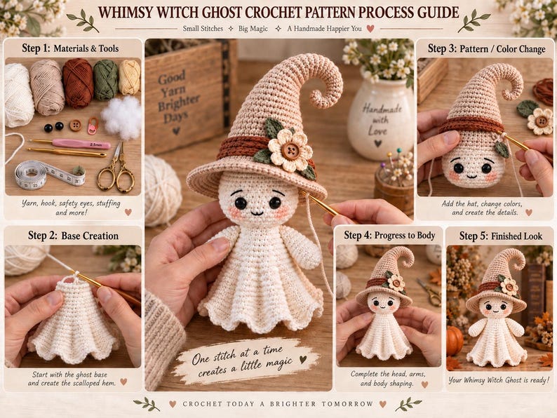 May include: A crochet pattern guide titled Whimsy Witch Ghost Crochet Pattern Process Guide, featuring five steps to create a ghost doll with a beige pointed hat, a brown band, a flower, and a scalloped hem, using yarn, hooks, and safety eyes.