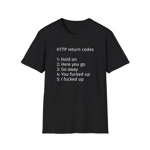 Op de afbeelding: Een zwart T-shirt met korte mouwen en witte tekst: HTTP return codes, 1: Hold on, 2: Here you go, 3: Go away, 4: You fucked up, 5: I fucked up. Het T-shirt heeft een ronde hals en een standaard pasvorm met een effen zwarte achterkant.