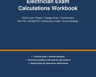 Unofficial Journeyman Electrician Exam Calculations Workbook PDF | Ohm's Law, Voltage Drop, Box Fill, Conduit Fill | 30 Practice Problems
