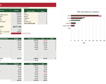 Foglio di calcolo Excel per la pianificazione del budget dei regali di Natale 2026 / Lista dei regali di Natale, monitoraggio delle spese e piano di risparmio settimanale
