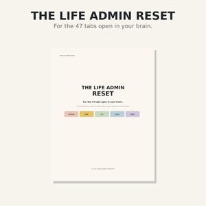 May include: A white document titled THE LIFE ADMIN RESET with the subtitle For the 47 tabs open in your brain. It includes a sub-header, a description, and a row of five colored rectangular buttons labeled CAPTURE, SORT, ACT, TRACK, and RESET.