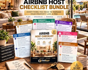 Peut inclure: Un ensemble de listes de contrôle pour hôte Airbnb comprenant un guide central, plusieurs listes de contrôle colorées, un carnet avec le texte Better Stays Bigger Profits, une clé et un sceau doré Instant Download sur une surface en bois.