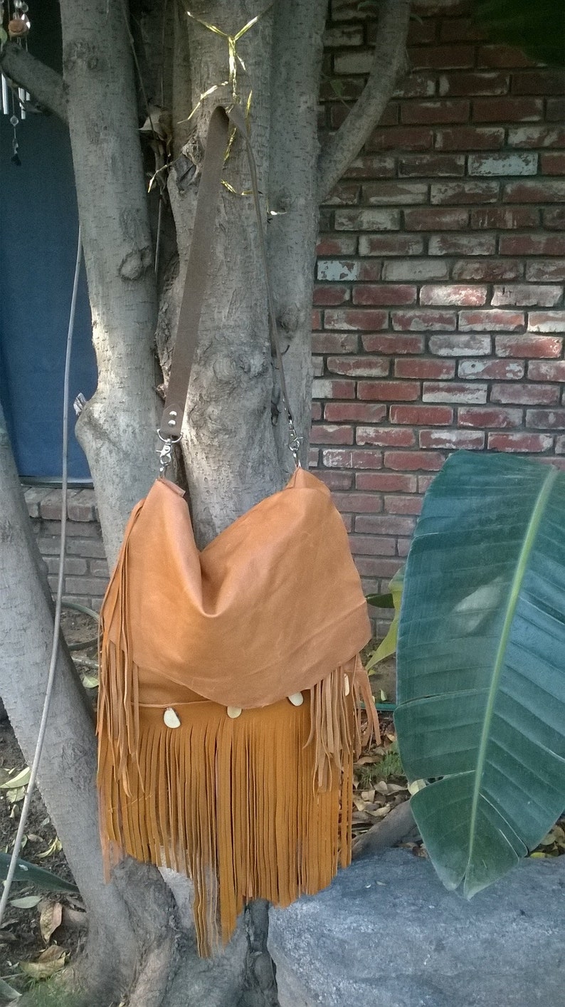 Caramel Brown Fringe Leather Handbag Roomy Hippie Bag with image 0