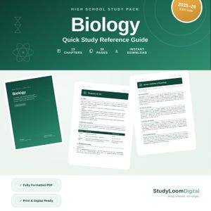 Könnte beinhalten: Ein Biologie-Lernleitfaden für die Oberstufe mit dunkelgrünem Einband und weißem Text Biology Quick Study Reference Guide 2025-26 Edition, 19 chapters, 38 pages, instant download, sowie zwei beispielhaften Innenseiten des Dokuments.