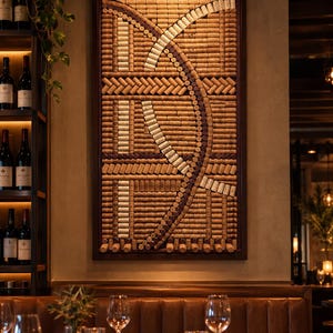 May include: A rectangular wall art piece composed of numerous natural corks arranged in a geometric pattern with intersecting curved and straight lines, framed in dark wood, mounted on a wall above a leather booth in a dining setting.