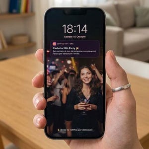 Può includere: Uno smartphone che mostra una schermata di blocco con l'ora 18:14, la data Sabato 10 Ottobre e una notifica per Carlotta 18th Party. Lo sfondo mostra un gruppo di persone a una festa e un anello d'argento è indossato sul dito che tiene il telefono.