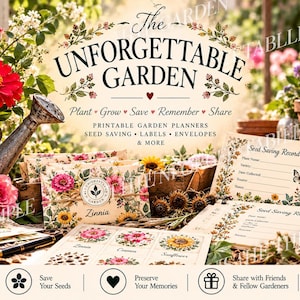 以下が含まれることがあります： 「The Unforgettable Garden」と題された、印刷可能なガーデンプランナー、種用封筒、ラベルのコレクション。花柄の記録シート、ヒマワリの種が入ったガラス瓶、そして「Gardening keeps our hearts rooted and our memories in bloom」と書かれたタグが含まれています。