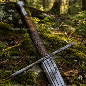 May include: A metal sword featuring a rounded pommel, a textured brown grip, and a crossguard with an engraved floral pattern. The blade is straight with a central fuller, showing a weathered finish and a sharp, pointed tip extending outward.