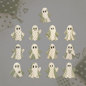 May include: A collection of eleven fabric ghost ornaments in various sage green and cream patterns. Each ghost features heart motifs, checkered prints, or floral details, with stitched black eyes and mouths, arranged in a grid on a neutral background.