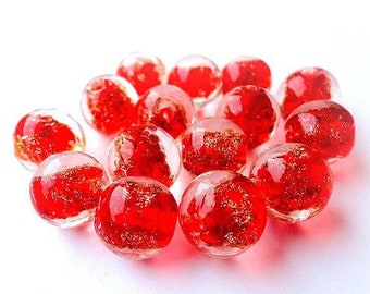 Red Glass Beads 12mm Red Gold Sparkling Beads Round Shiny Beads Craft Jewelry Supplies 10pcs.