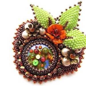 Glass Brooch Embroidery Multicolored Brooch Artistan Glass Brooch Floral Brooch Colorful Brooch Orange Green Brown Brooch OOAK Ready to ship image 1