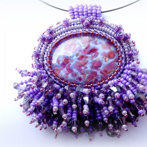 Beadwork Purple Glass Pendant Shiny Necklace Lilac Pendant Bead Embroidered Necklace Embroidery Jewelry OOAK Jewelry Ready to ship image 2