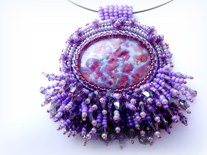 Beadwork Purple Glass Pendant Shiny Necklace Lilac Pendant Bead Embroidered Necklace Embroidery Jewelry OOAK Jewelry Ready to ship image 2